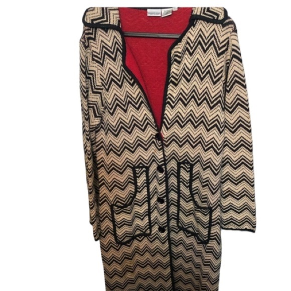 Newport News size XL Maxi sweater coat black tan chevron print heavy weight - Picture 2 of 16